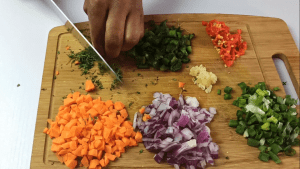 Chopped vegetables for making Jamaican beef patties