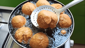 Once you have the fried dumplings nicely brown remove from the oil