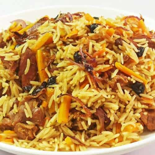 Cooked Rice Pilaf with vegetables and meat