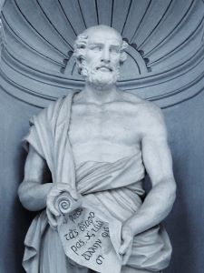 white marble statue of theophrastus the father of botany