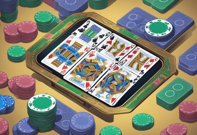A digital screen displays a triumphant hand of cards with a large pile of virtual chips, signaling a big win in online card games